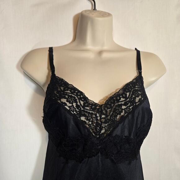 Vtg Nylon Lace Black Full Slip Dress Midi Goth Trim Romantic Intimates 6 36 - Picture 3 of 7